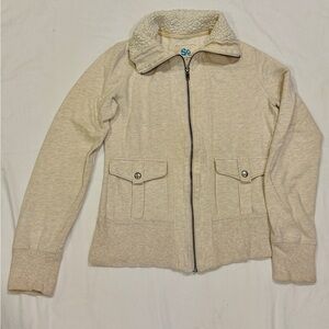 SO Vintage Y2k Cream Teddy Zip Jacket with Sherpa Collar Size M